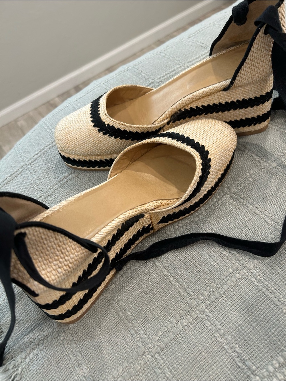 Castaner Natural Straw Espadrille Wedges with Black Accents and Ankle Ties